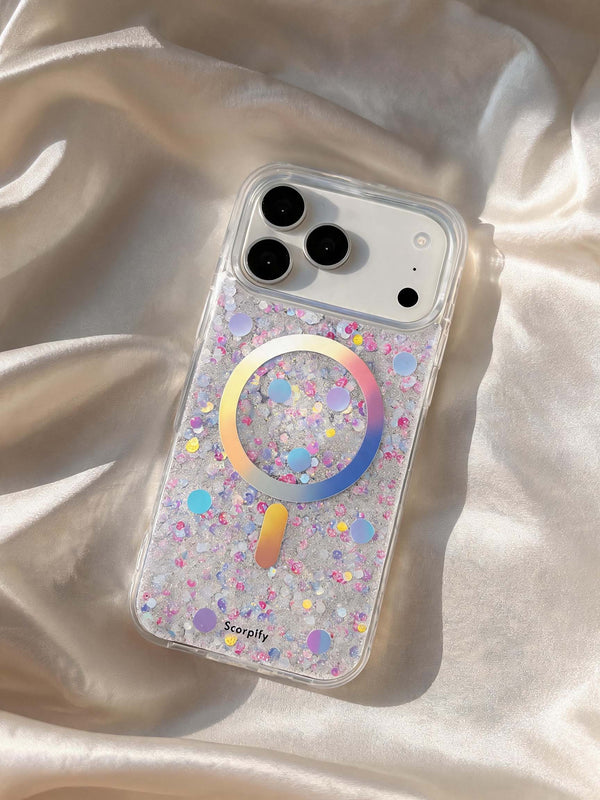Pink glitter phone case on silk fabric with rainbow ring