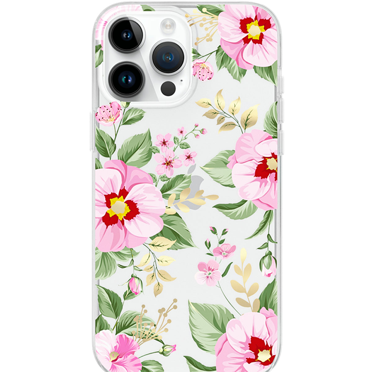 Phone case with pink floral design on a white background