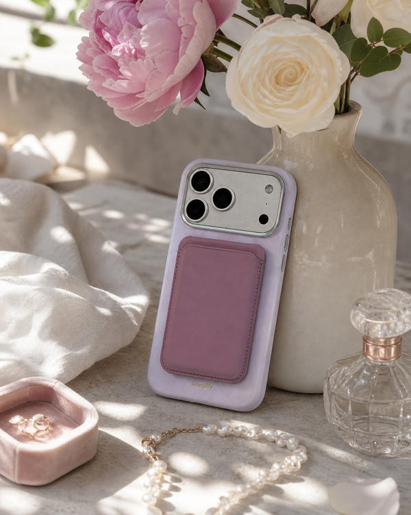 Lavender tartan leather phone case with card holder