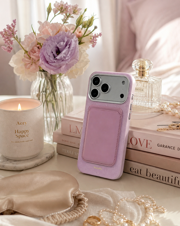 Lavender leather phone case with card holder on nightstand