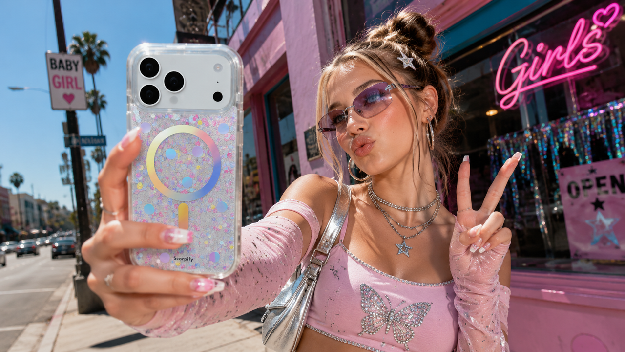 Y2K style girl taking street selfie with glitter Scorpify phone case