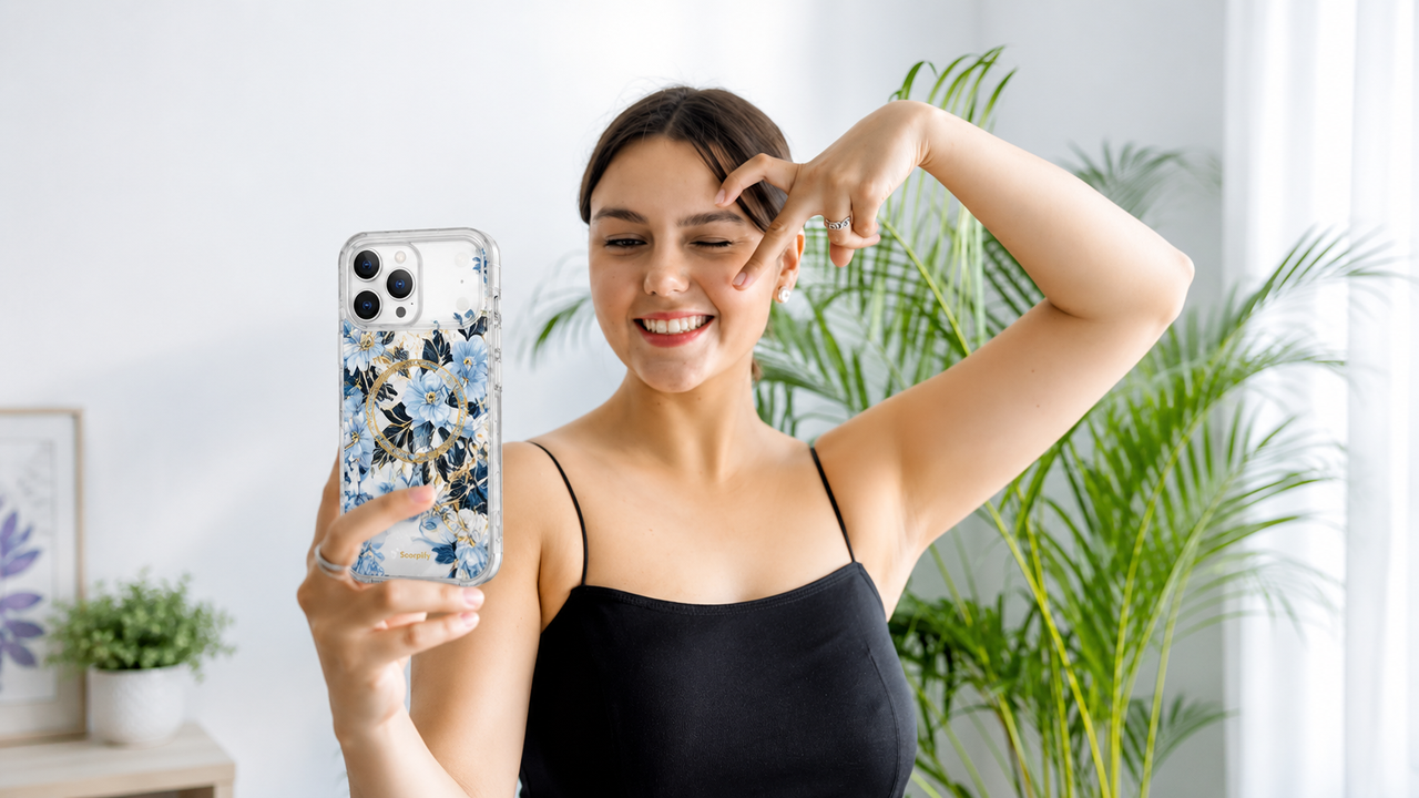 Woman taking selfie with blue floral Scorpify phone case indoors