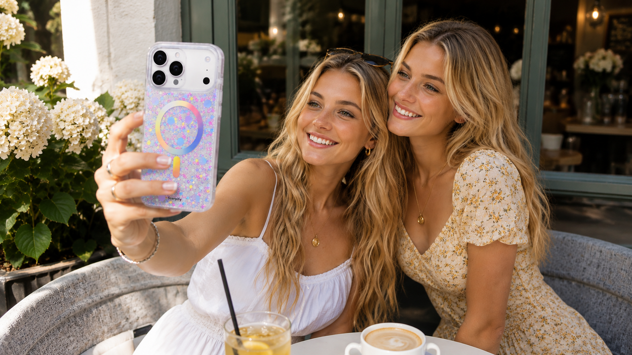 Two blonde women taking selfie with glitter Scorpify phone case at cafe