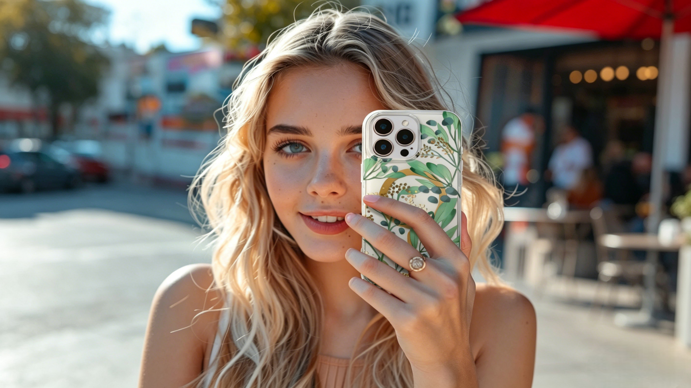 Woman taking selfie with a phone in a green leaf clear case