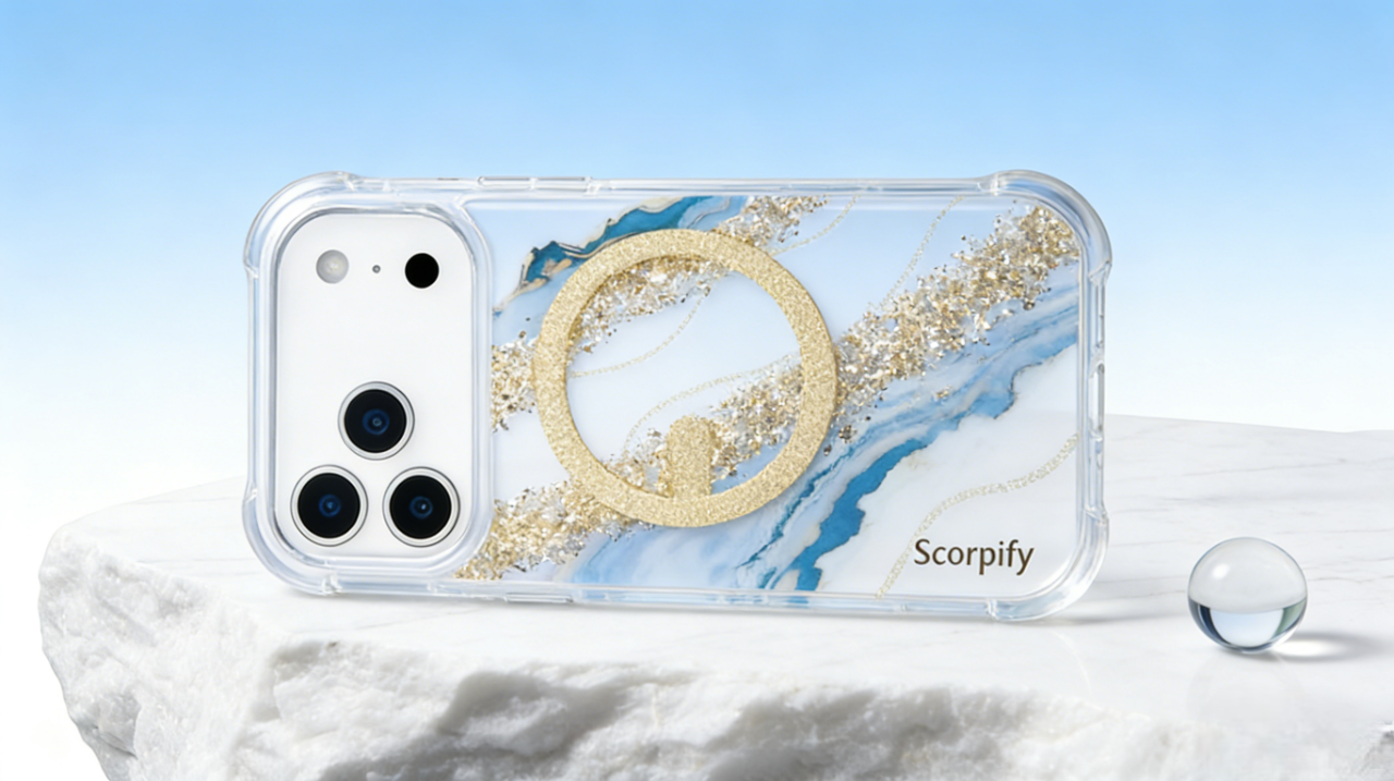 Exquisitely crafted with blue-white marble patterns and gold foil glitter, this magnetic phone case blends style and function. It fits triple-camera iPhones and boasts reinforced corners for superior drop protection.