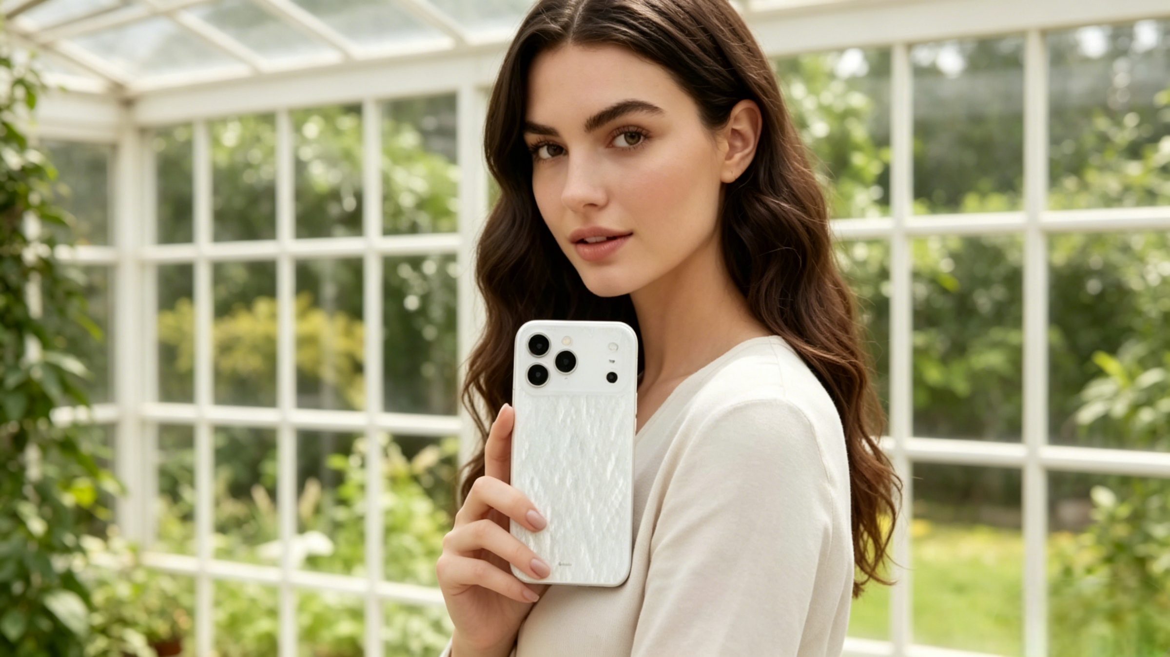 Woman holding phone with floral glitter case in a greenhouse setting