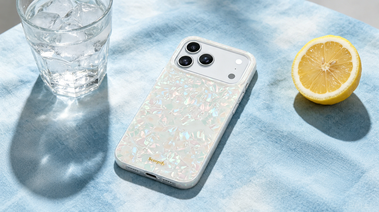 Iridescent Scorpify phone case beside lemon and iced water in sunlight