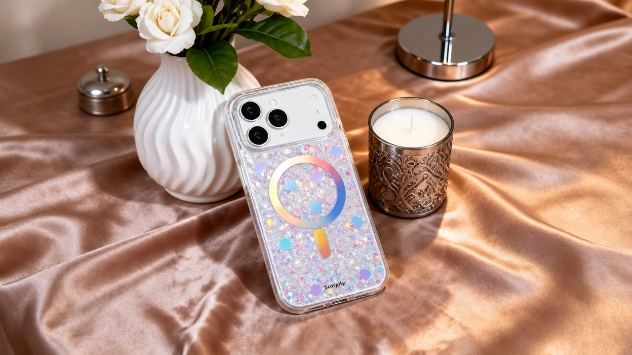 Iridescent glitter phone case with MagSafe ring in a cozy styled setting