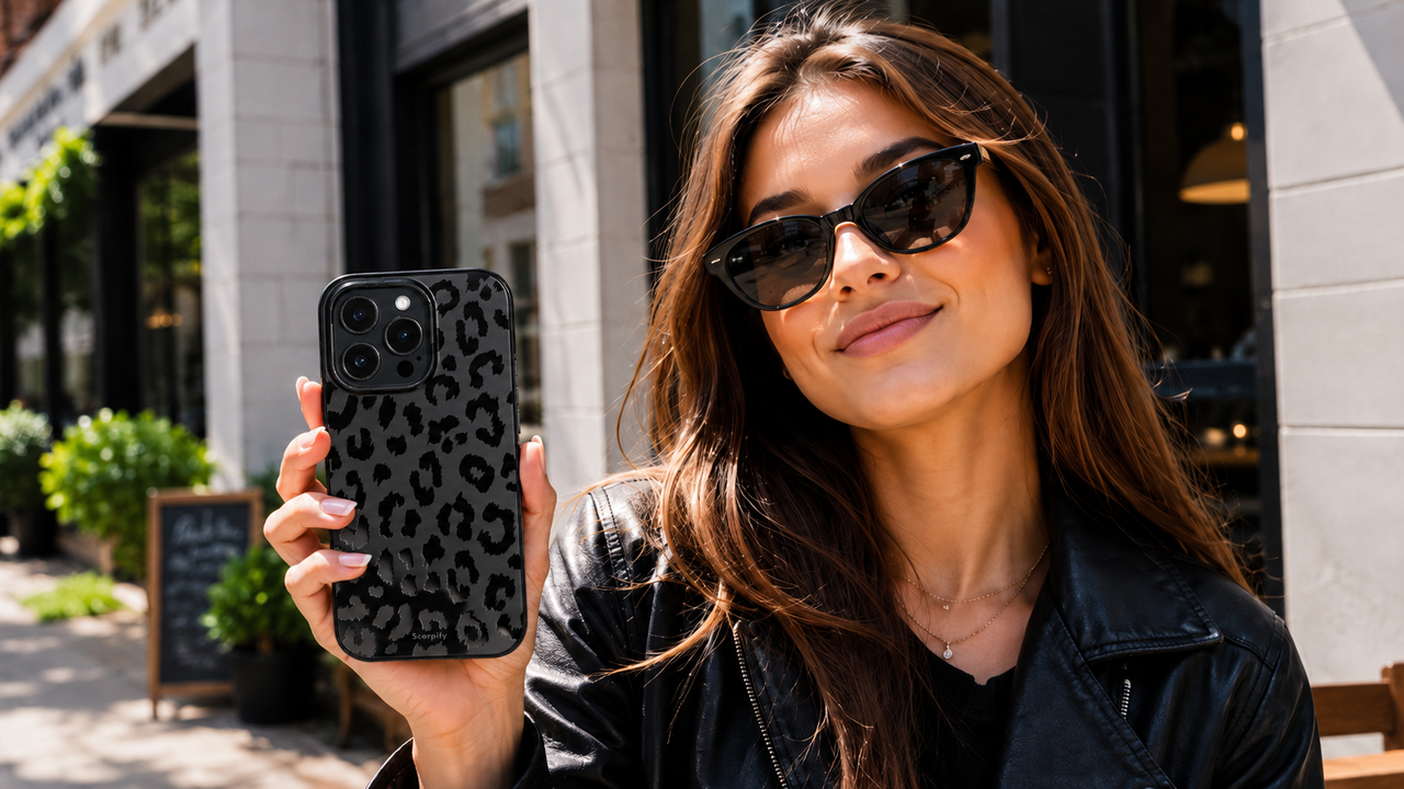 Stylish woman in sunglasses holding black leopard phone case outdoors