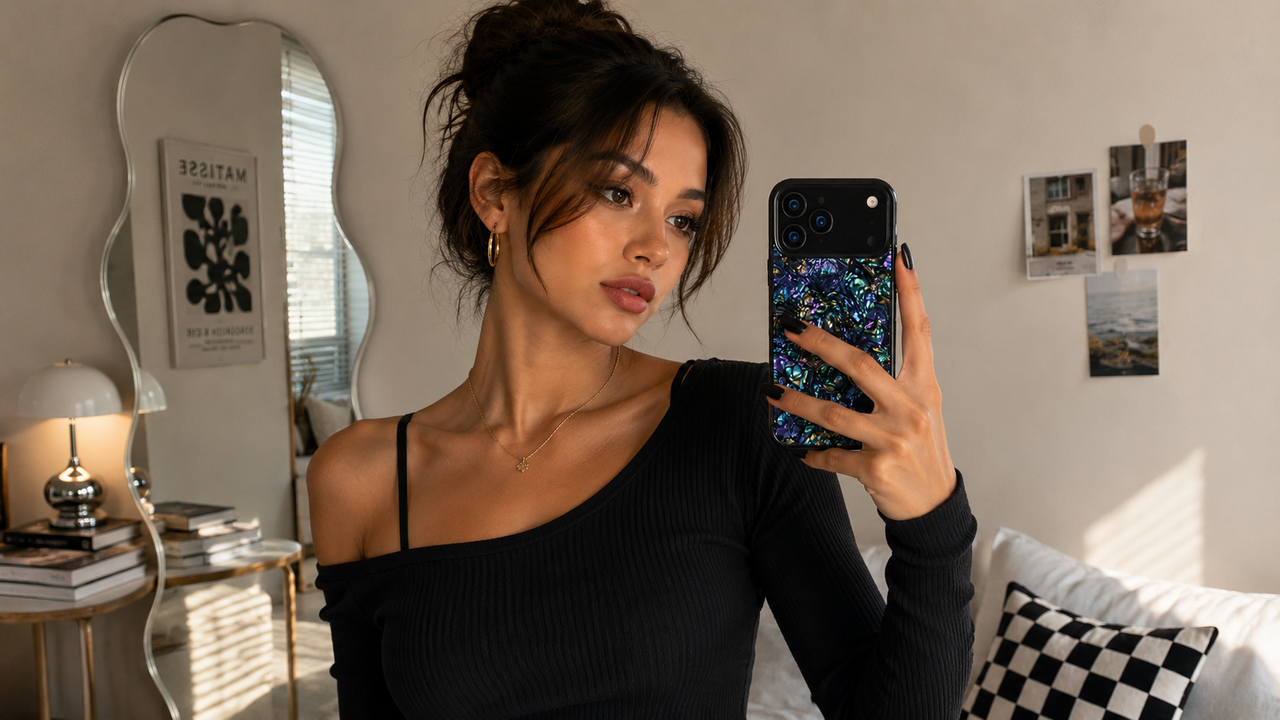 Woman taking mirror selfie with gleam abalone phone case in bedroom