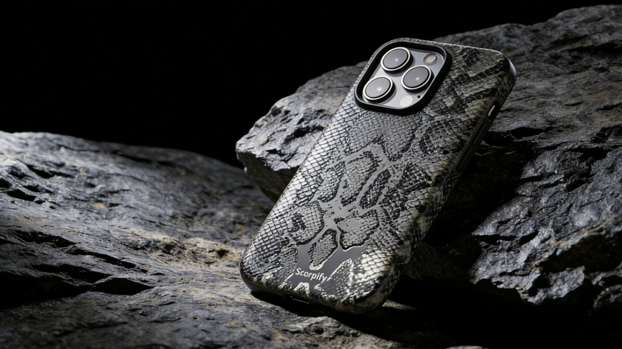 A sleek phone case with a striking snakeskin pattern—monochrome scales and textured finish, paired with the "Scorpify" branding for an edgy, rugged aesthetic.