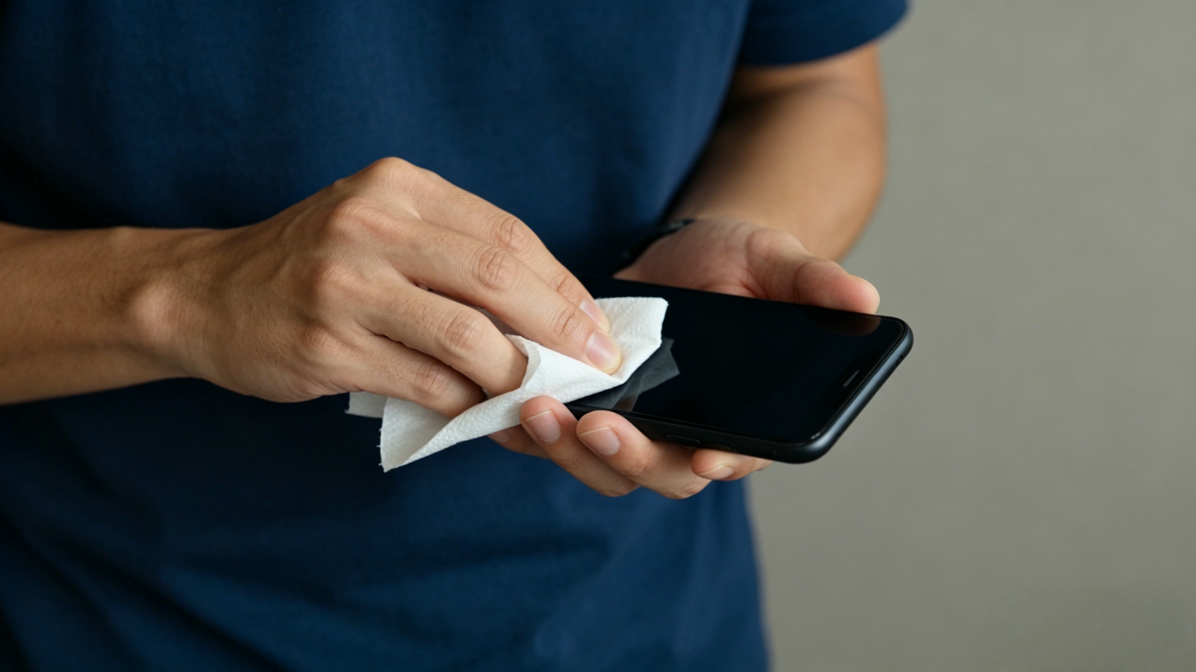 Person in dark blue top wiping black screen phone with napkin, close-up on hand motion