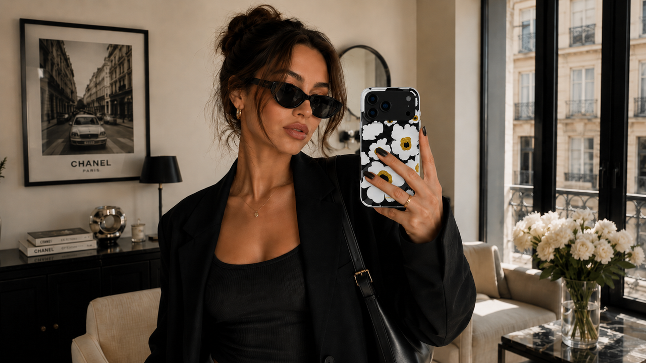 Fashionable woman taking a selfie with a fine art floral phone case