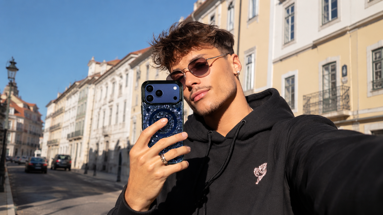 Man taking street selfie with glitter blue Scorpify phone case