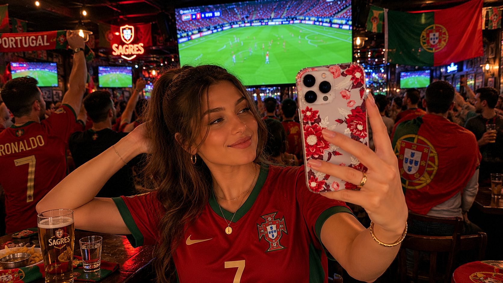 Girl in soccer jersey takes selfie with red floral phone case in lively sports bar