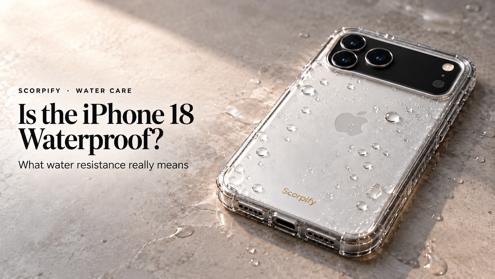 Scorpify iPhone 18 phone case with water droplets