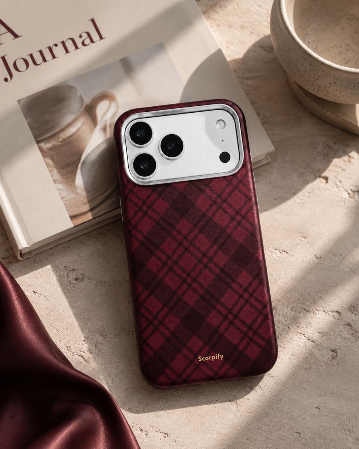 Burgundy Tartan Lumina Leather MagSafe iPhone Case