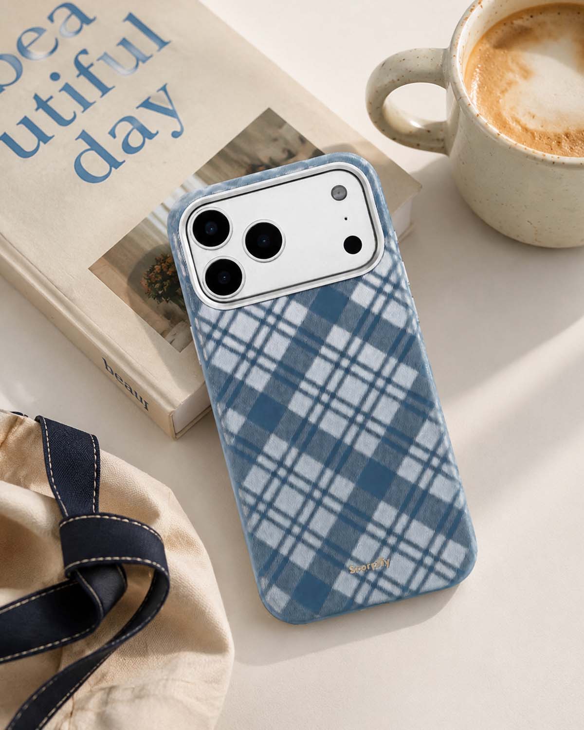 Navy Tartan Lumina Leather MagSafe iPhone Case