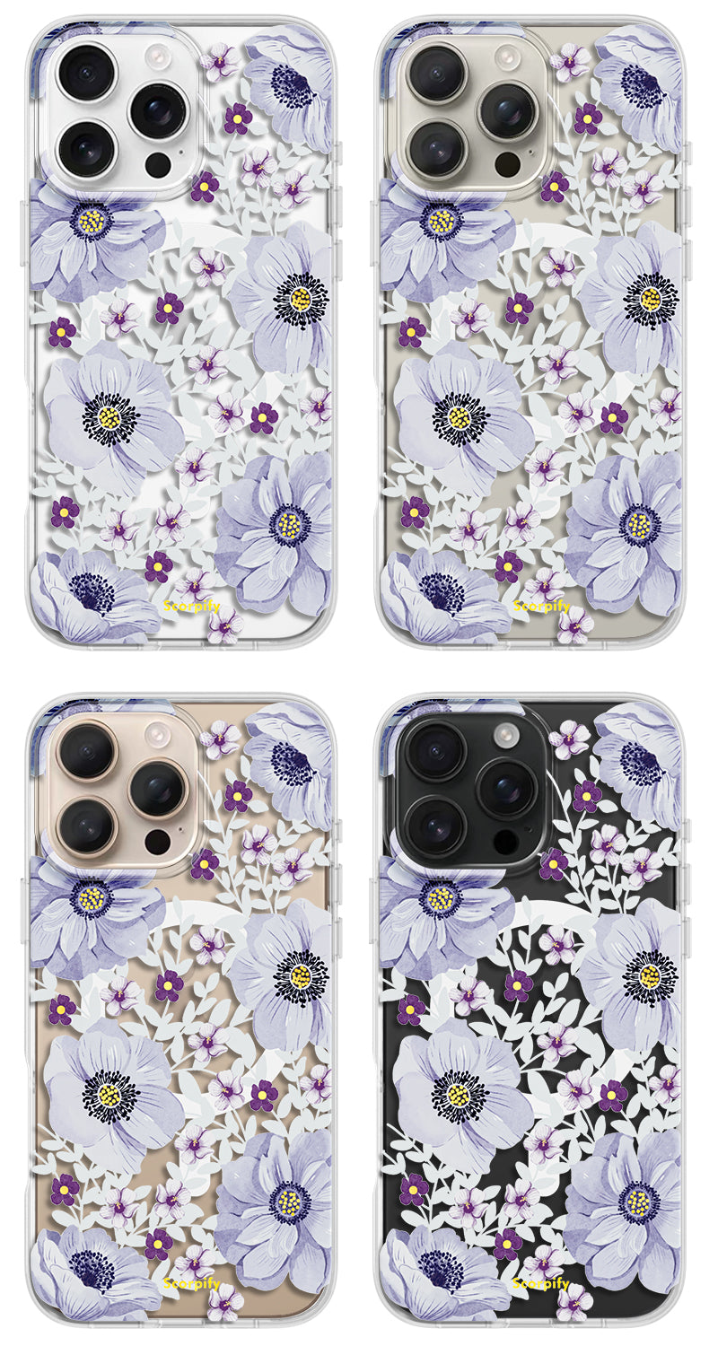 Transparent floral iPhone cover in purple tones