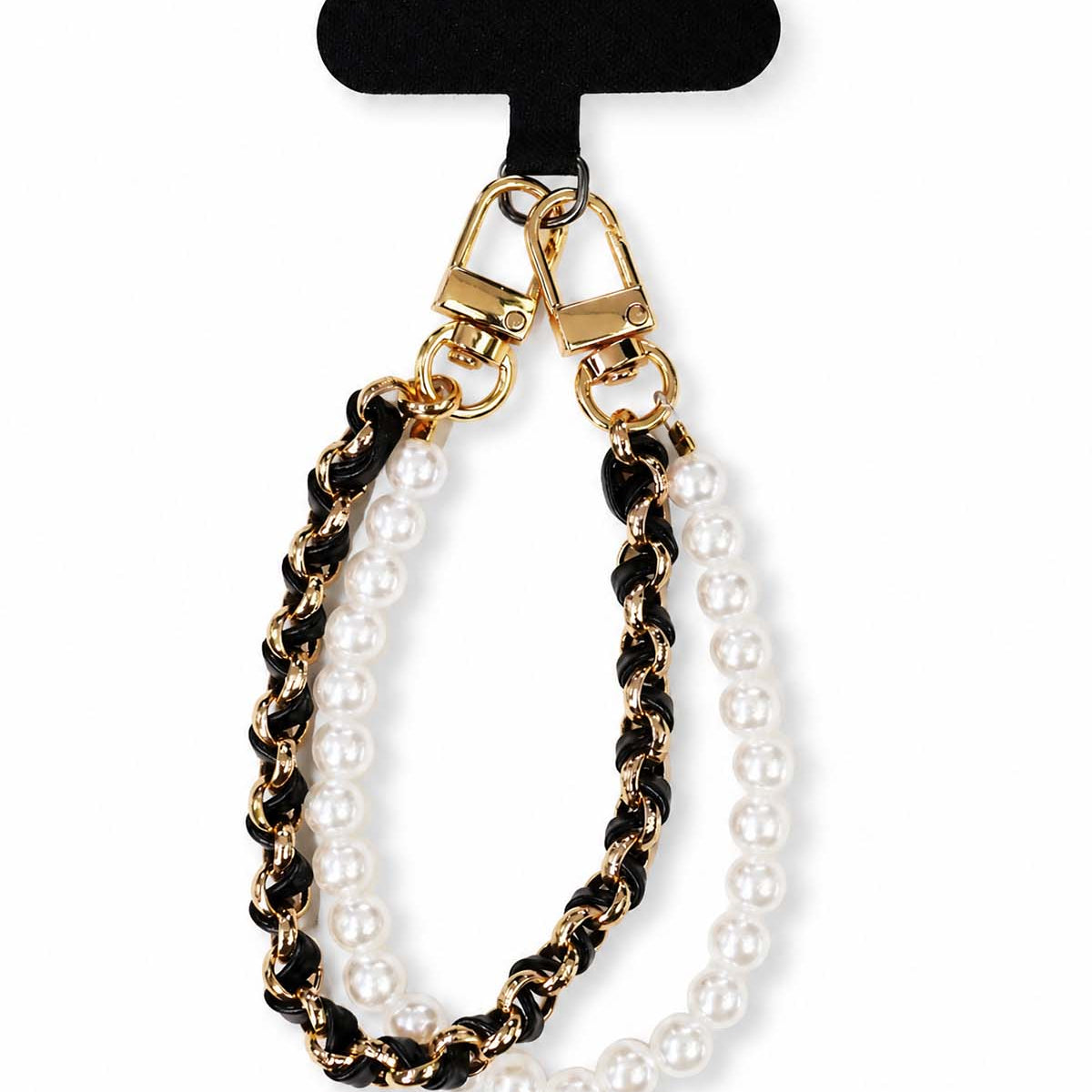 Black leather pearl double chain phone charm