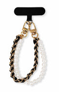 Black leather pearl double chain phone charm