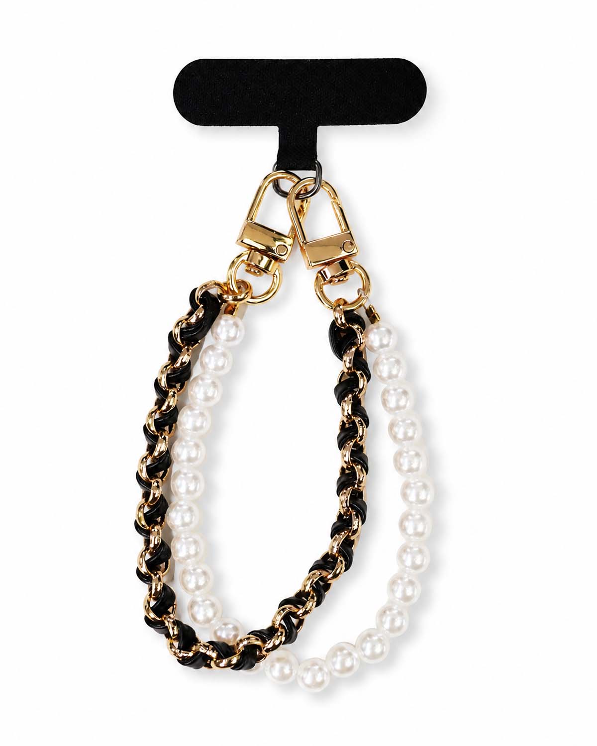 Black leather pearl double chain phone charm