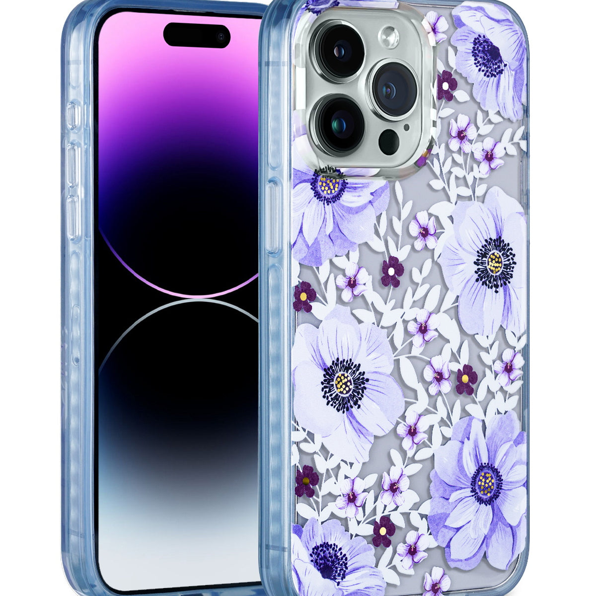 Clear iPhone case with purple anemone floral design