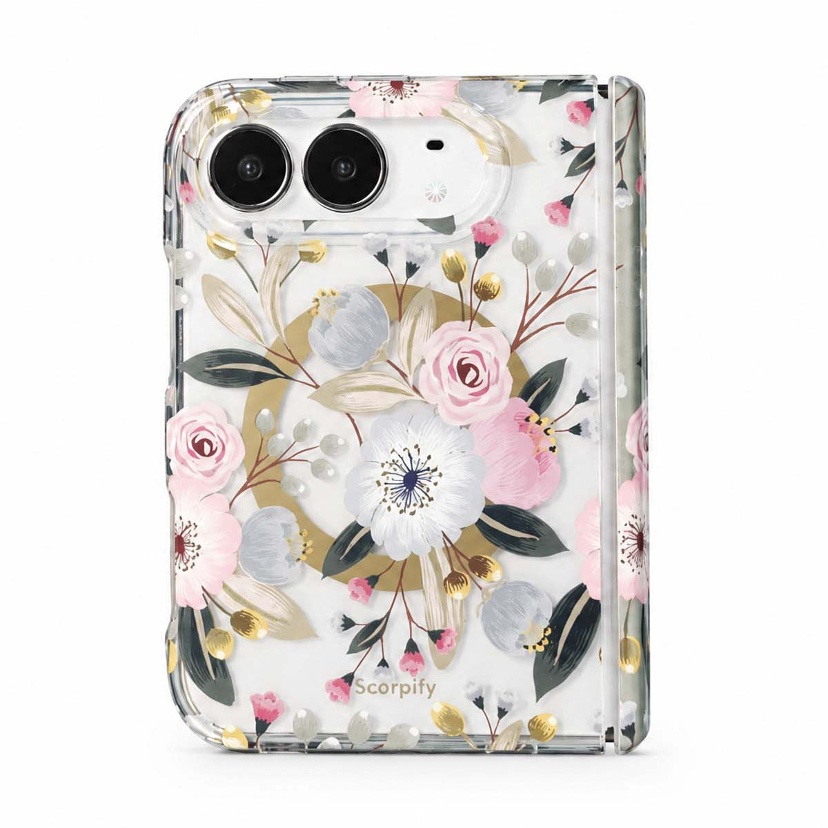 White hibiscus and pink rose floral wreath print iPhone Duo case with MagSafe compatibility