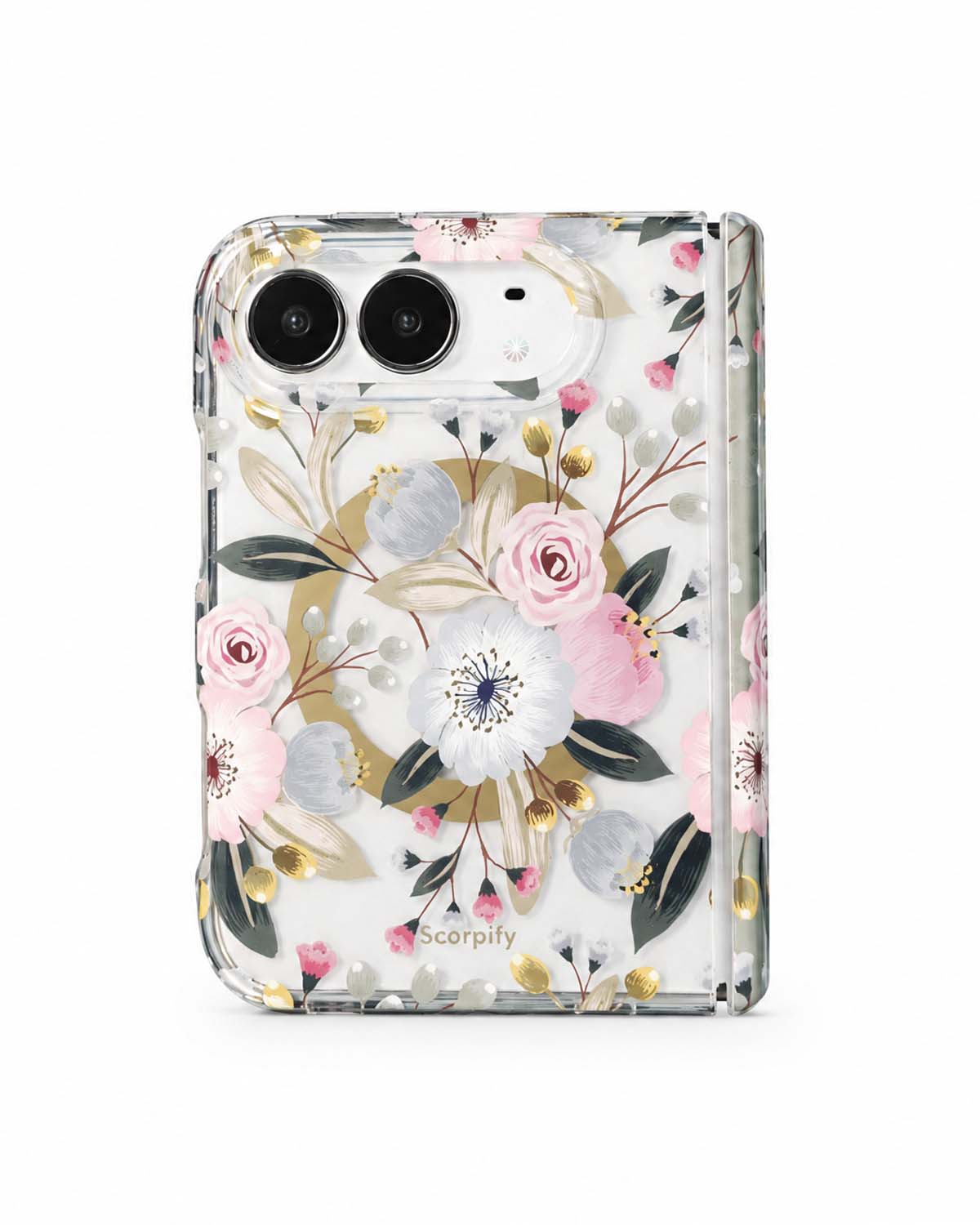 White hibiscus and pink rose floral wreath print iPhone Duo case with MagSafe compatibility