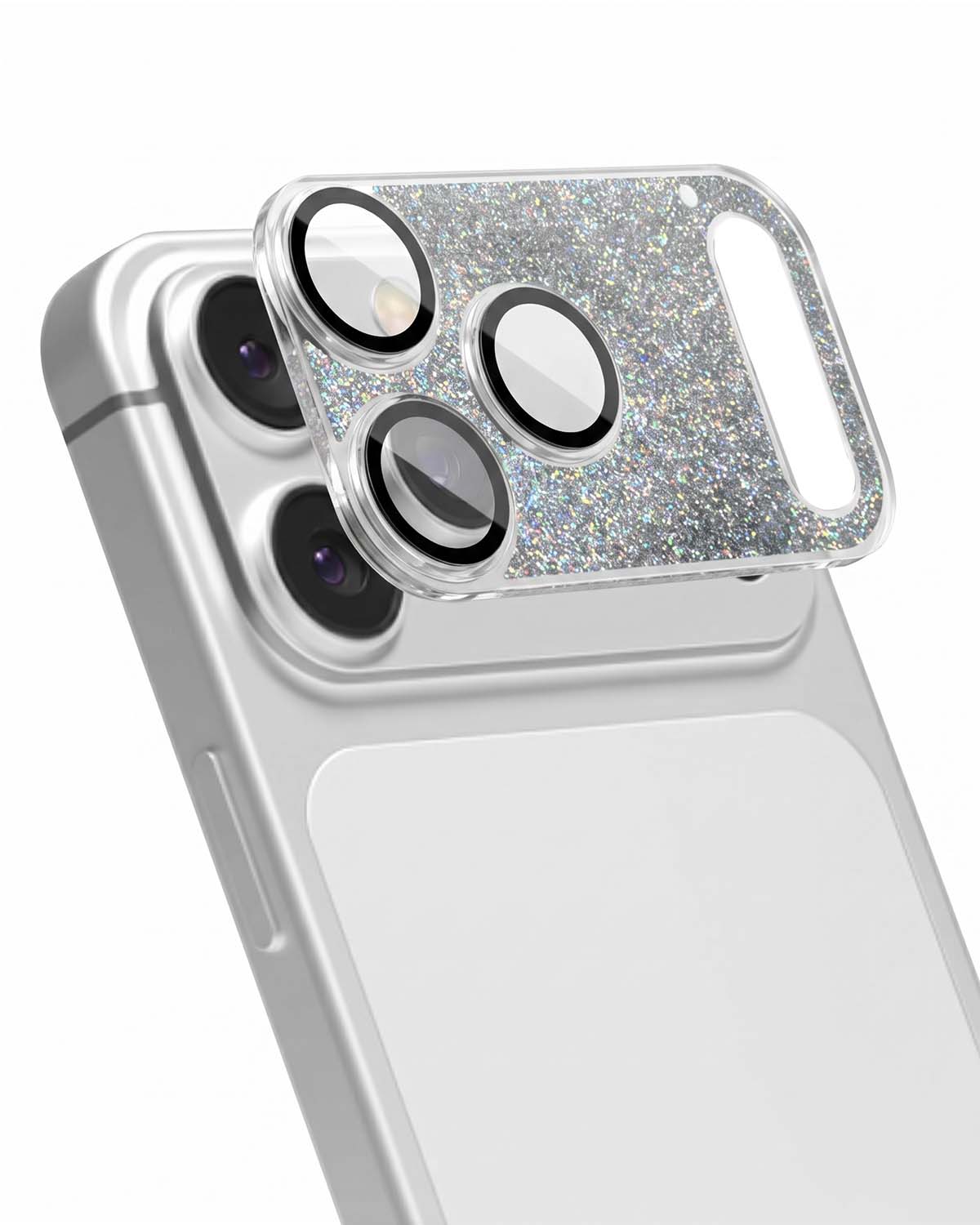 Silver Gleam Flow unibody camera lens protector for iPhone front view with sparkling sand finish