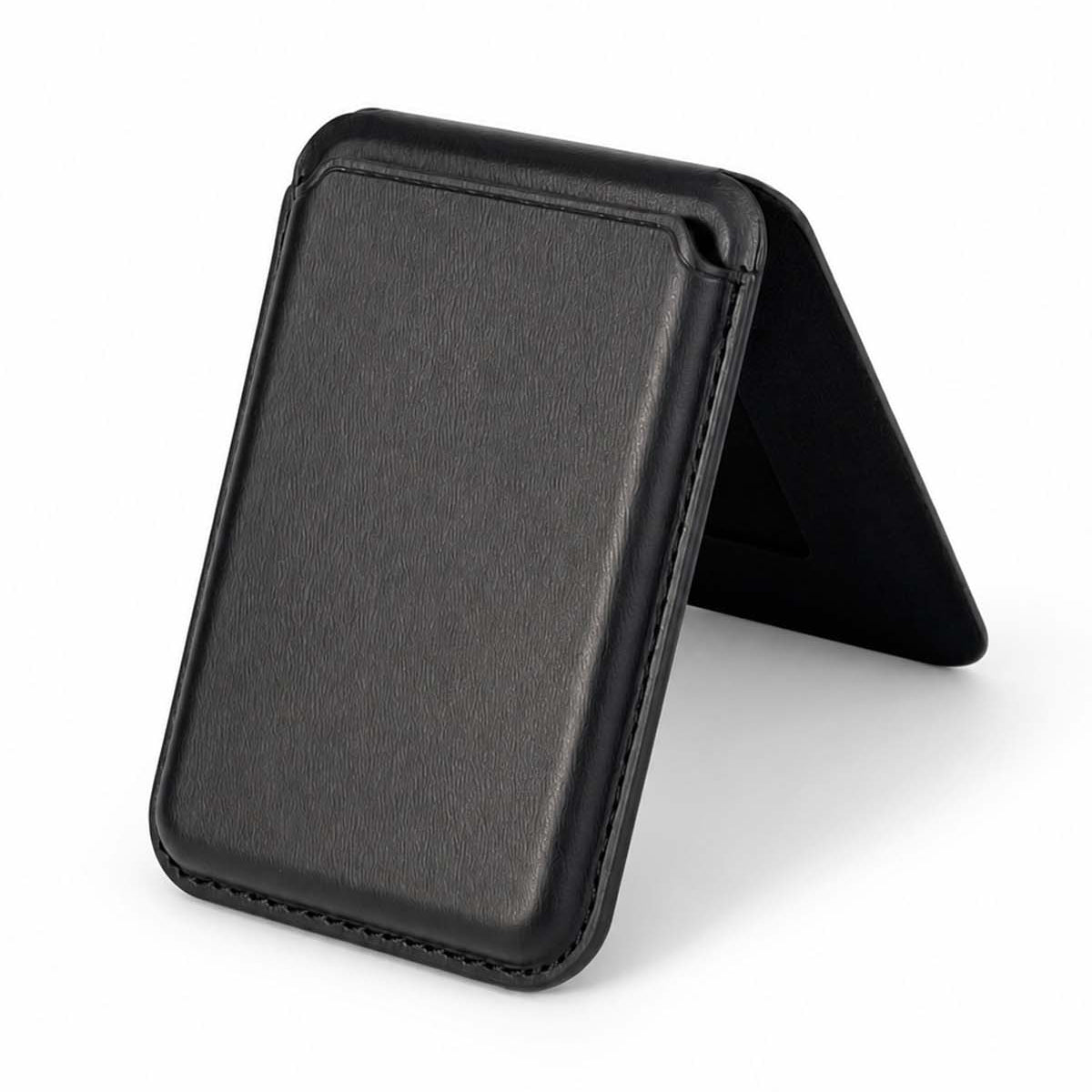 Classic black iPhone leather wallet, open flat view