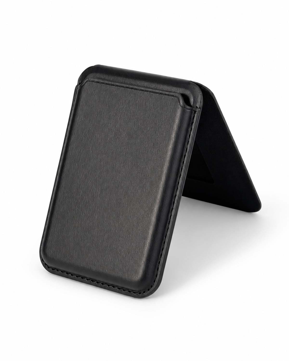 Classic black iPhone leather wallet, open flat view