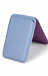 Blue lavender iPhone wallet, open flat, purple lining
