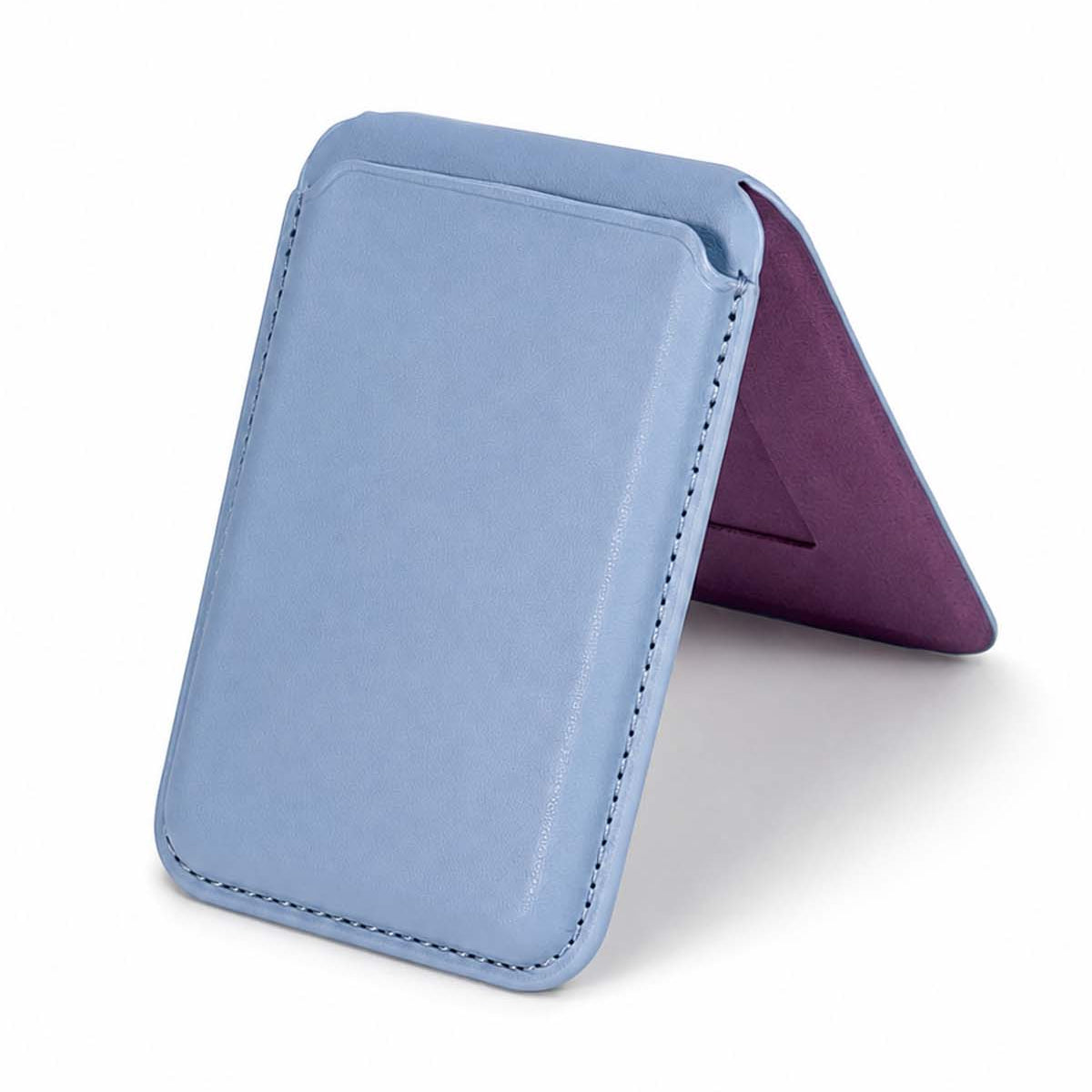 Blue lavender iPhone wallet, open flat, purple lining