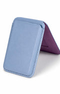 Blue lavender iPhone wallet, open flat, purple lining