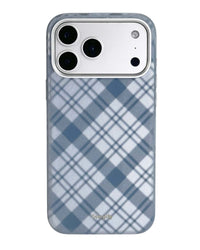 Navy tartan leather MagSafe iPhone case, back view