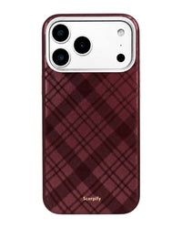 Burgundy tartan leather MagSafe iPhone case, back view