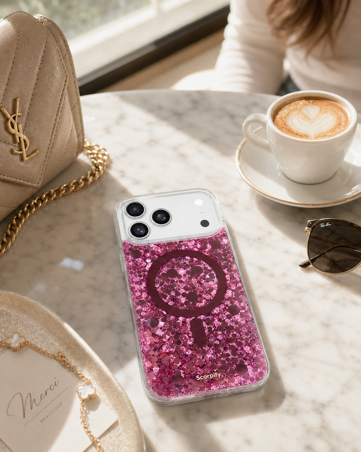 Rose Stardust MagSafe case with wireless charger attachment