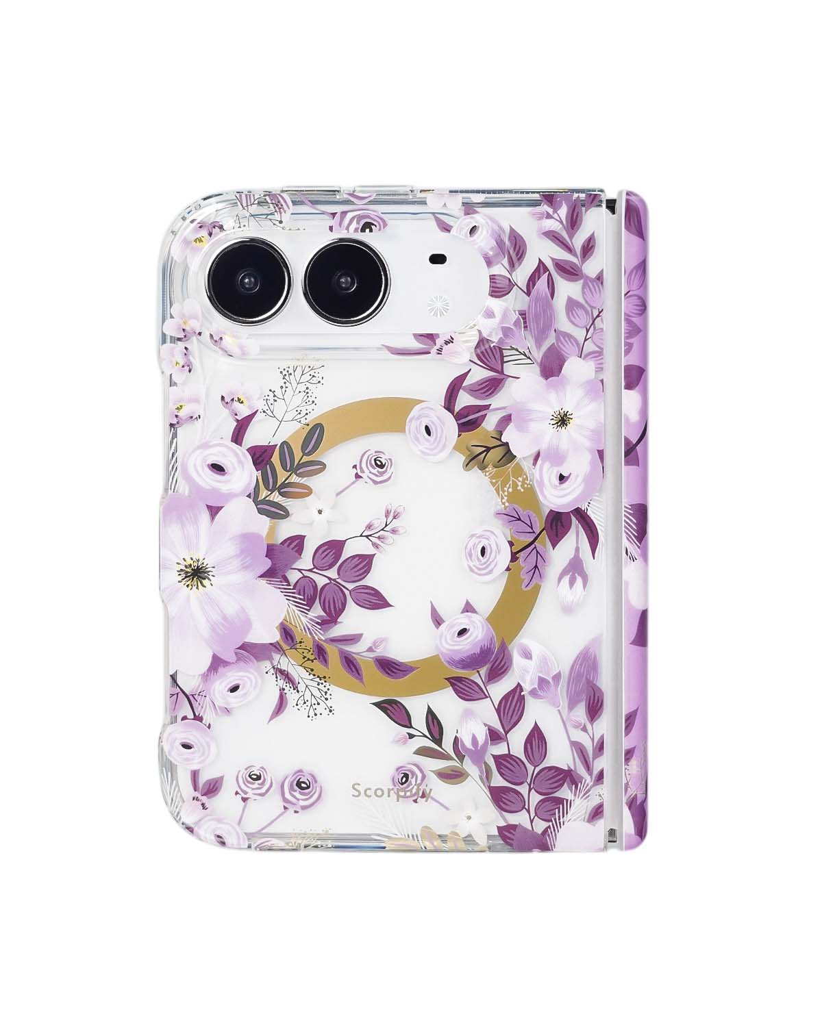 Purple Nemophila floral print iPhone Duo case with MagSafe compatibility