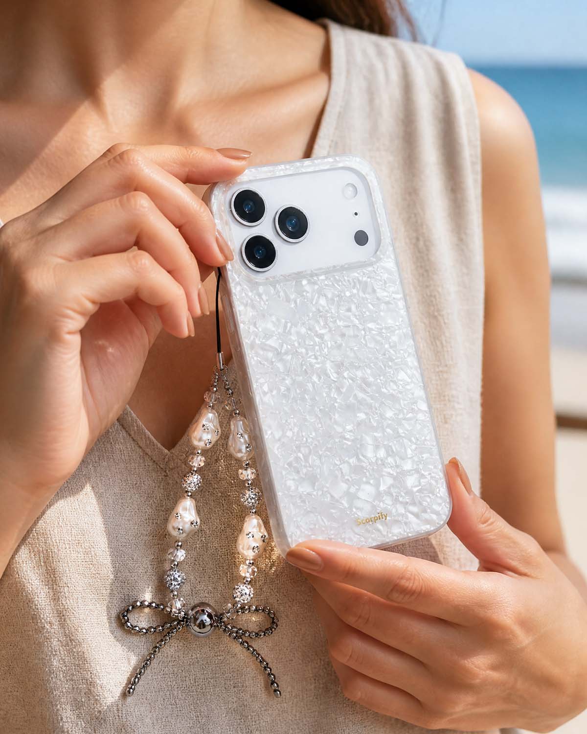 Pearl iphone charm with decorative crystal beads