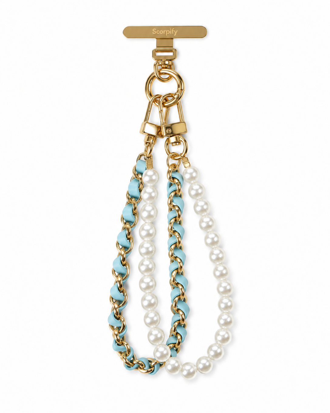 Light Blue Leather Pearl Double Chain - front view