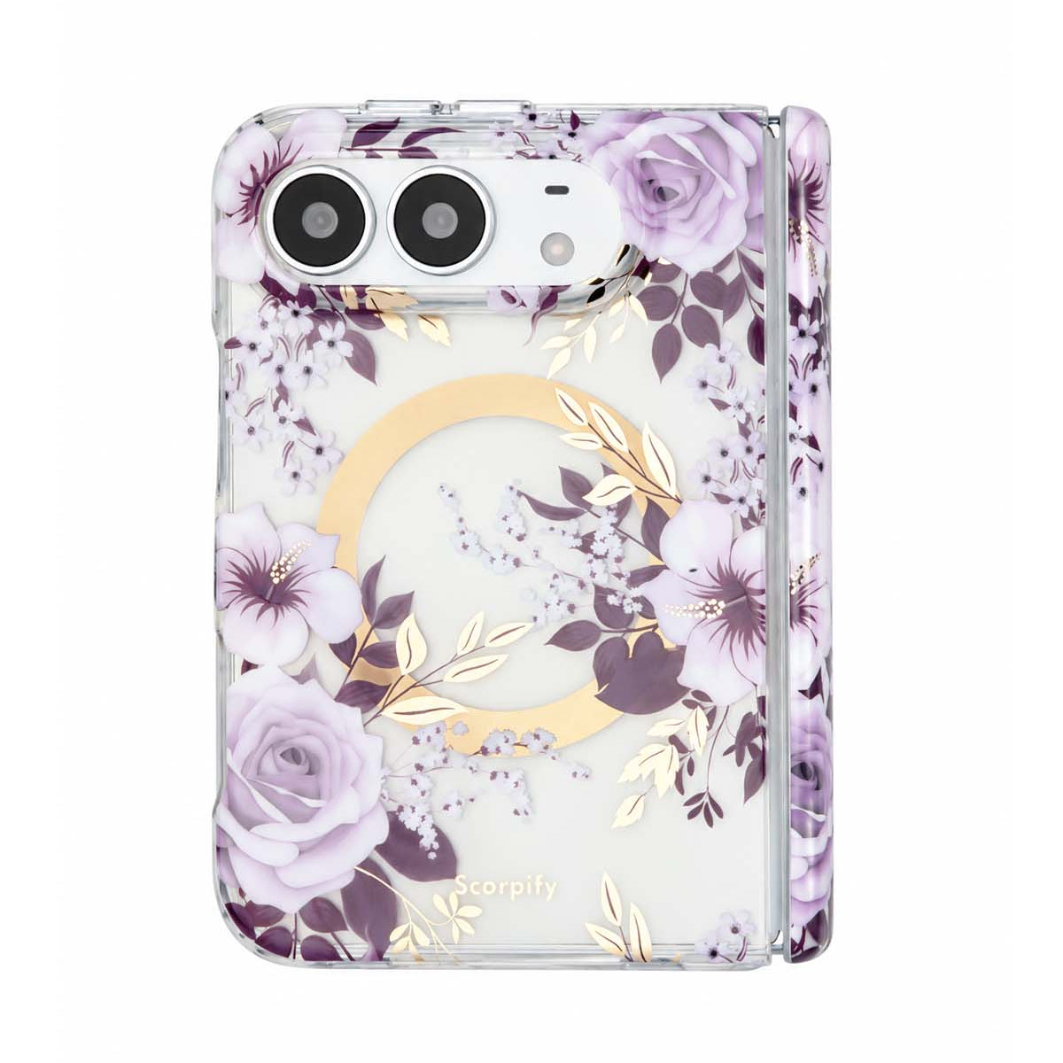 Purple hibiscus and rose floral print iPhone Duo case with MagSafe compatibility