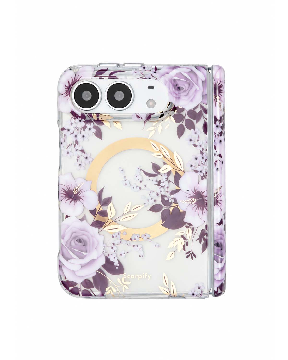 Purple hibiscus and rose floral print iPhone Duo case with MagSafe compatibility