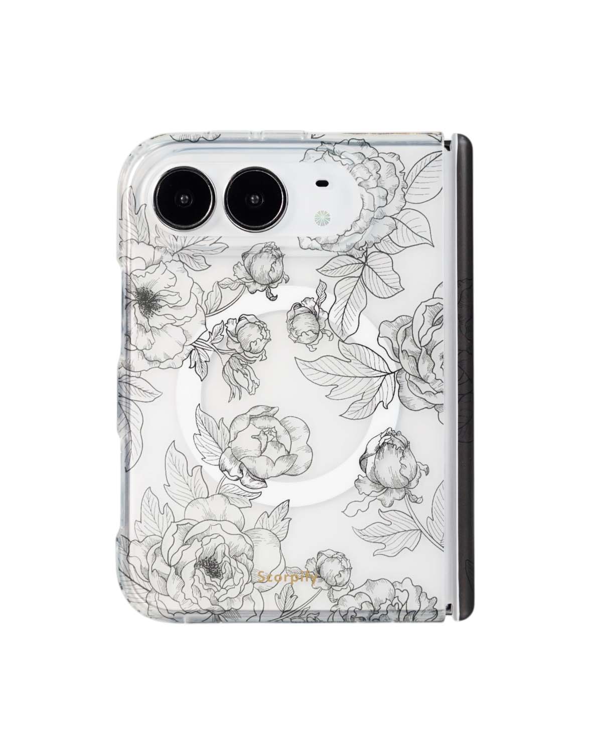 Black line art floral print iPhone Duo case with MagSafe compatibility