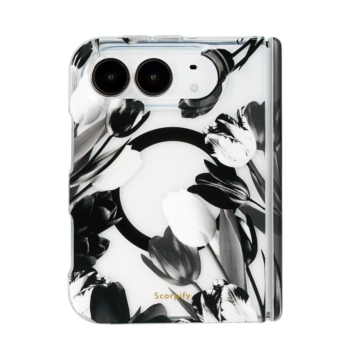 Black tulip floral print iPhone Duo case transparent background
