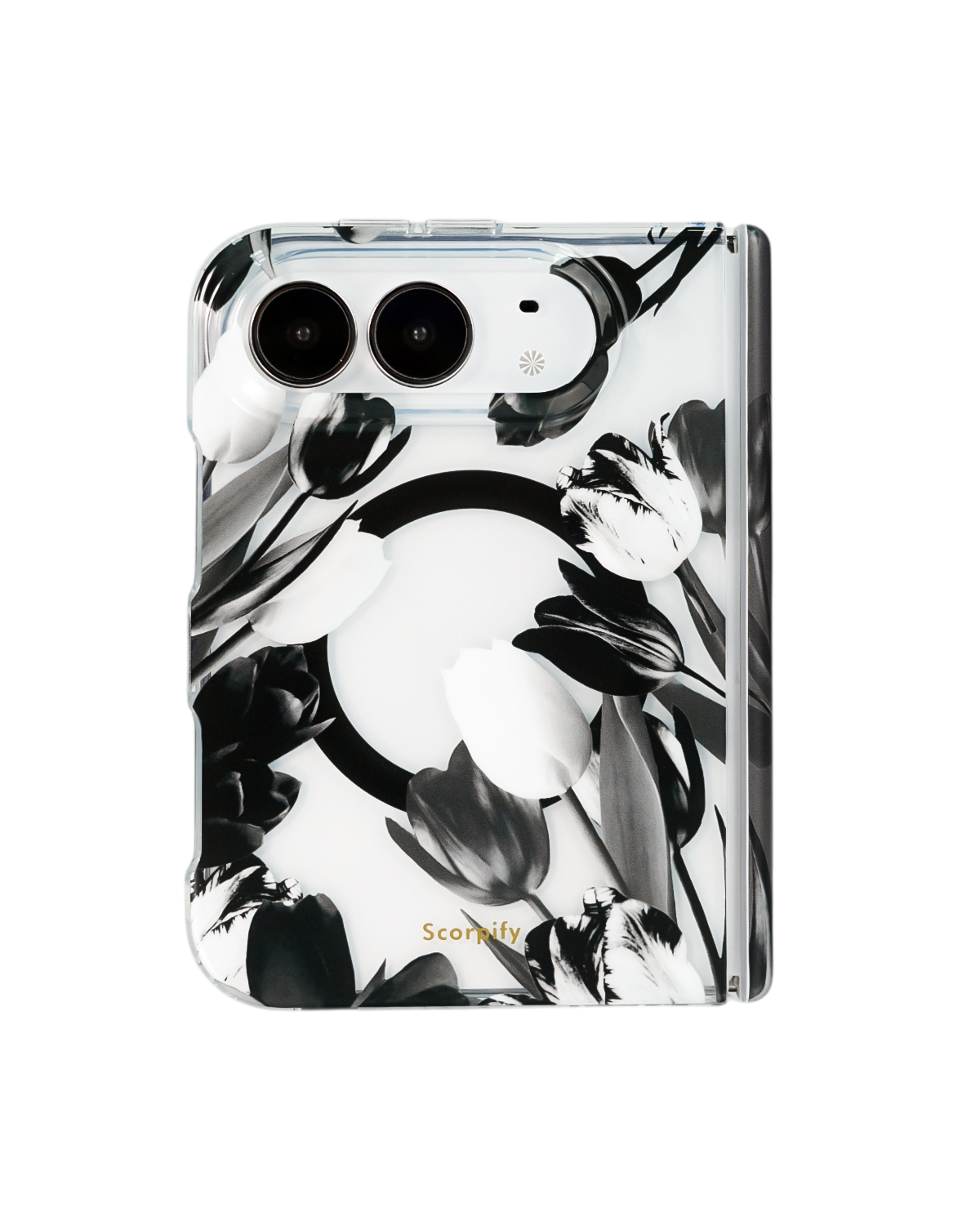 Black tulip floral print iPhone Duo case transparent background