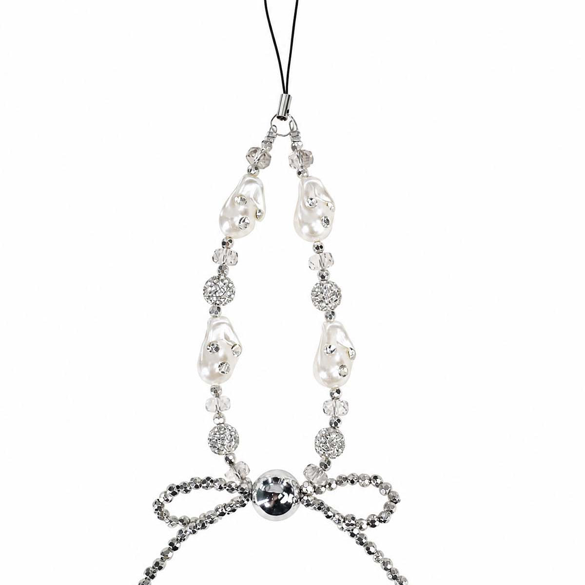 Crystal pearl bow phone charm with elegant detailing