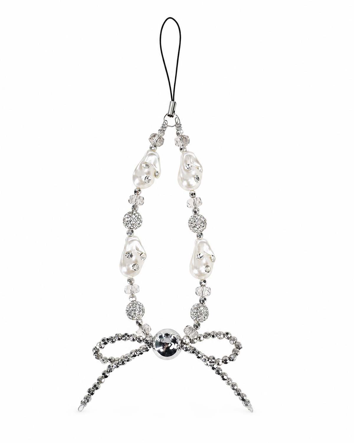 Crystal pearl bow phone charm with elegant detailing