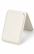 White leather MagSafe wallet folded into a stand