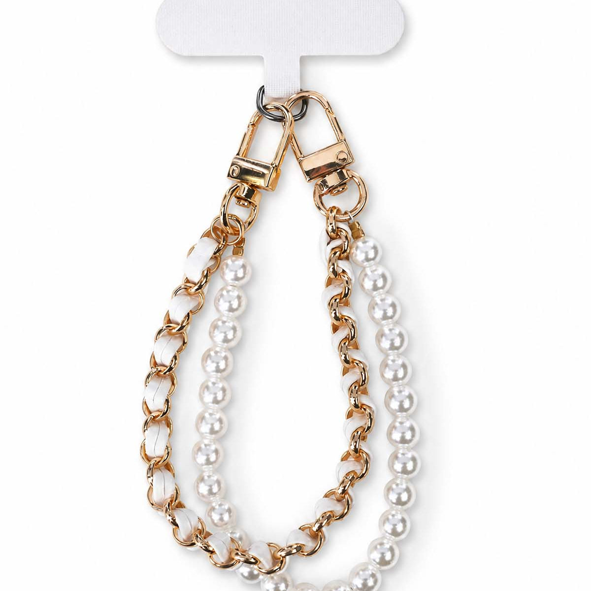 White leather pearl double chain phone charm